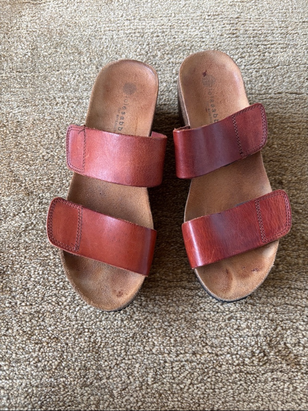 Double Strap Leather Slides in Reddish Brown